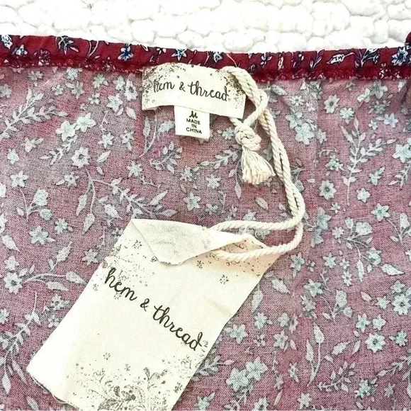 NWT Hem & Thread Rayon Maroon Floral Ruffle Cinch Waist Sleeveless Top Size M - Picture 11 of 14